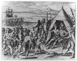 Sir Walter Raleigh (1554-1618) tratando de establecer amistad con el Rey Arromaia de Guayana, de 